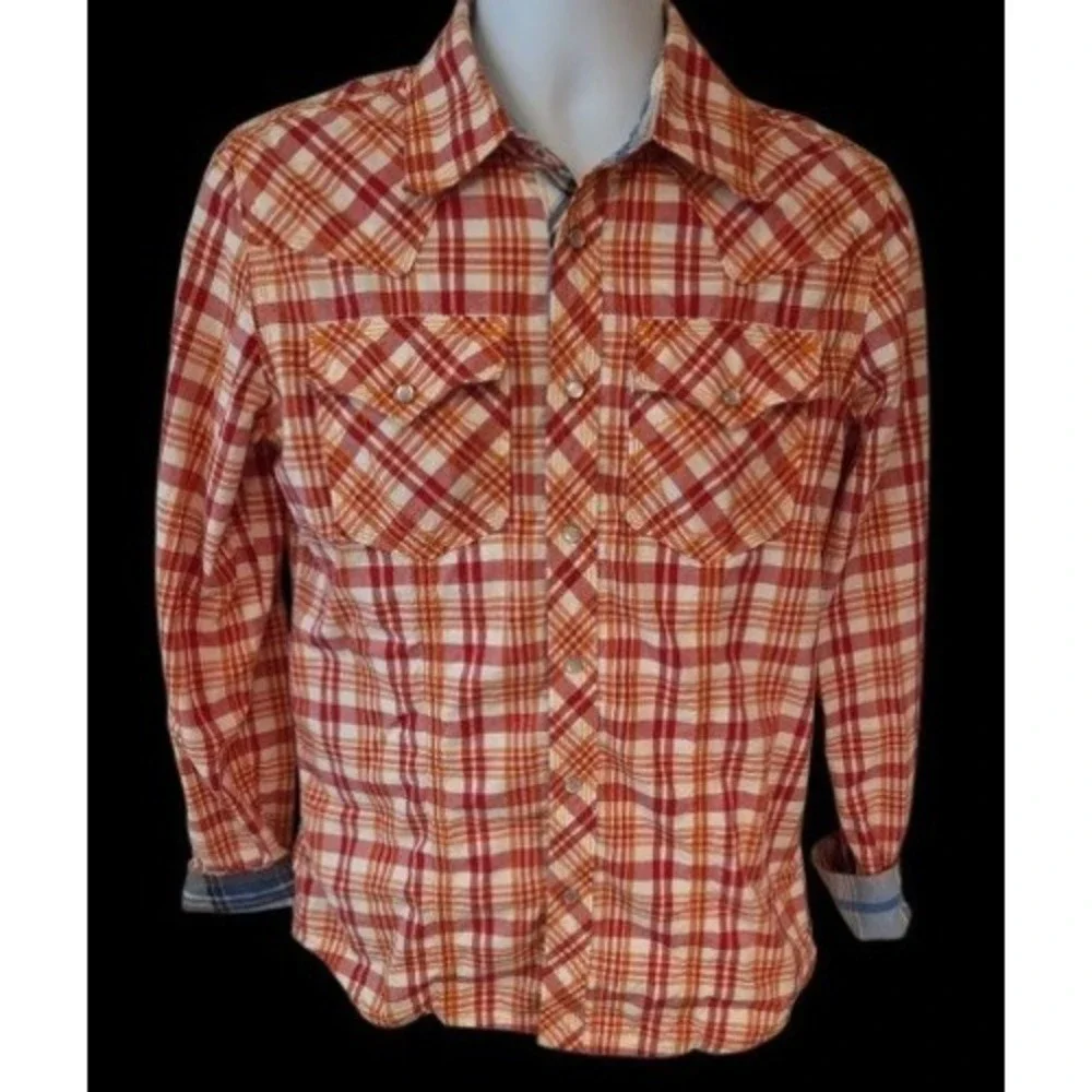 True Religion Mens Orange Red Plaid Western Pearl Snap Shirt XL M3RA315TT